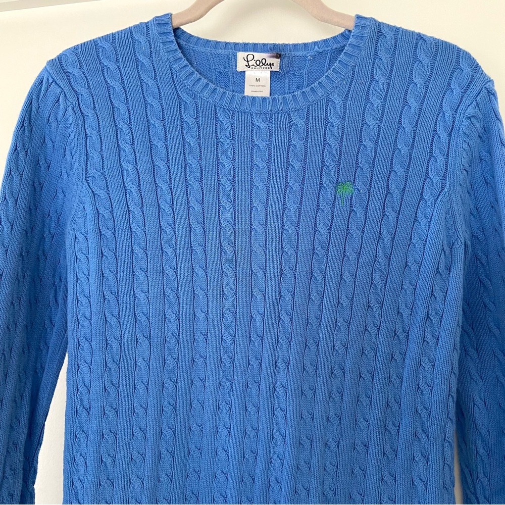 VTG Lilly Pulitzer Cable Knit Crew Neck Sweater Size Medium Blue Preppy Tennis - Picture 2 of 13